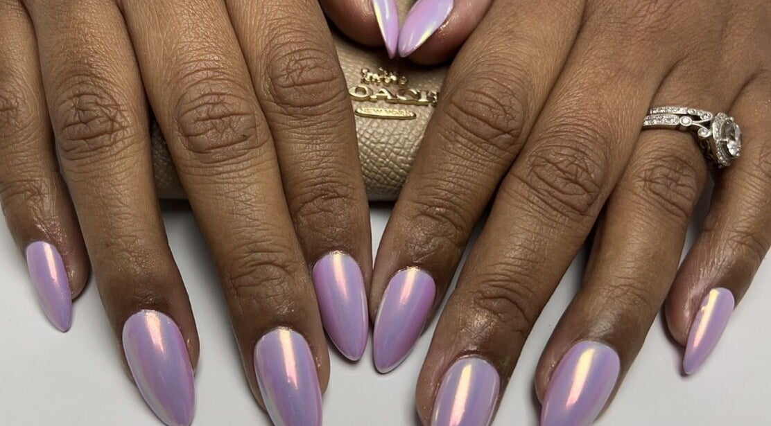 Elegant iridescent nails displayed at Narineh, Burbank, California, US.