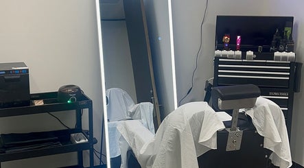 Modern hair styling station with tools at Level Up Barbershop, Manchester, England, GB.