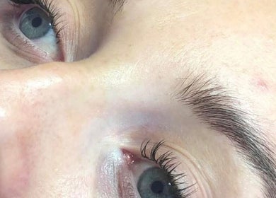 Close-up of refined eyebrow and lashes at PureGold Beauty, Skelton-in-Cleveland, England, GB.