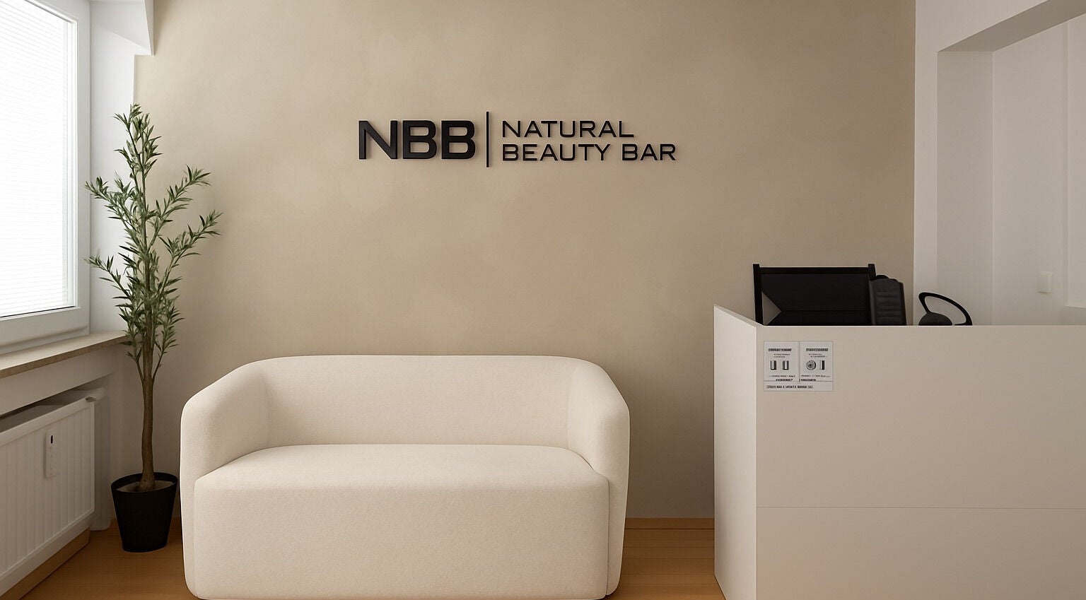 Elegante Lounge von NBB Natural Beauty Bar in Düsseldorf, Nordrhein-westfalen, DE mit Sofa und Empfangstheke.