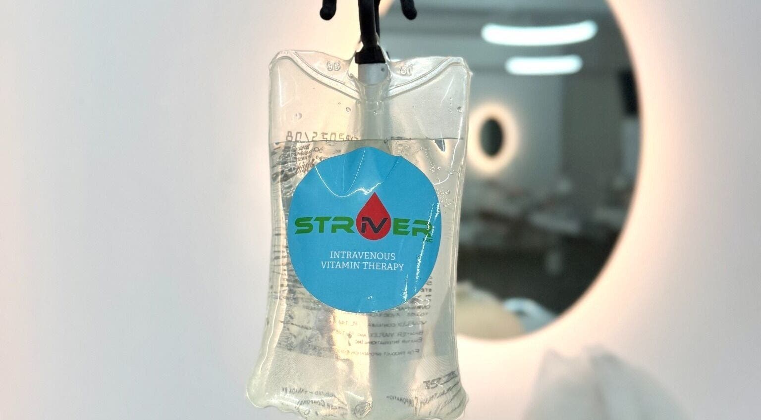 Striver IV Vitamin Infusion bag in a wellness room at Chicago, Illinois, US.