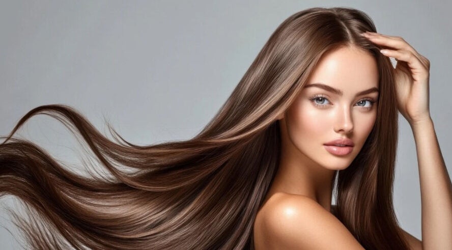 Woman with luxurious hair at The Dye Room, London, England, GB, showcasing salon-quality shine.