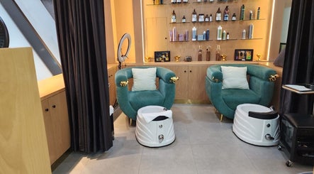 Luxurious pedicure chairs at Slon Street, Abu Dhabi, AE set against a backdrop of premium products.