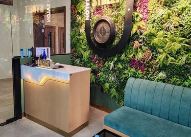 Reception area at Slon Street Abu Dhabi, AE with vibrant plant wall and elegant seating.