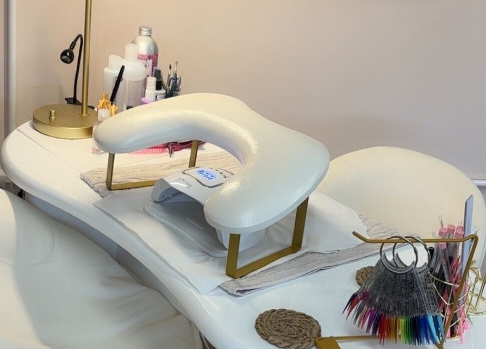 Luxurious manicure station at Dragonfly Nails & Beauty, Stoke-on-Trent, England, GB, showcasing comfort and style.