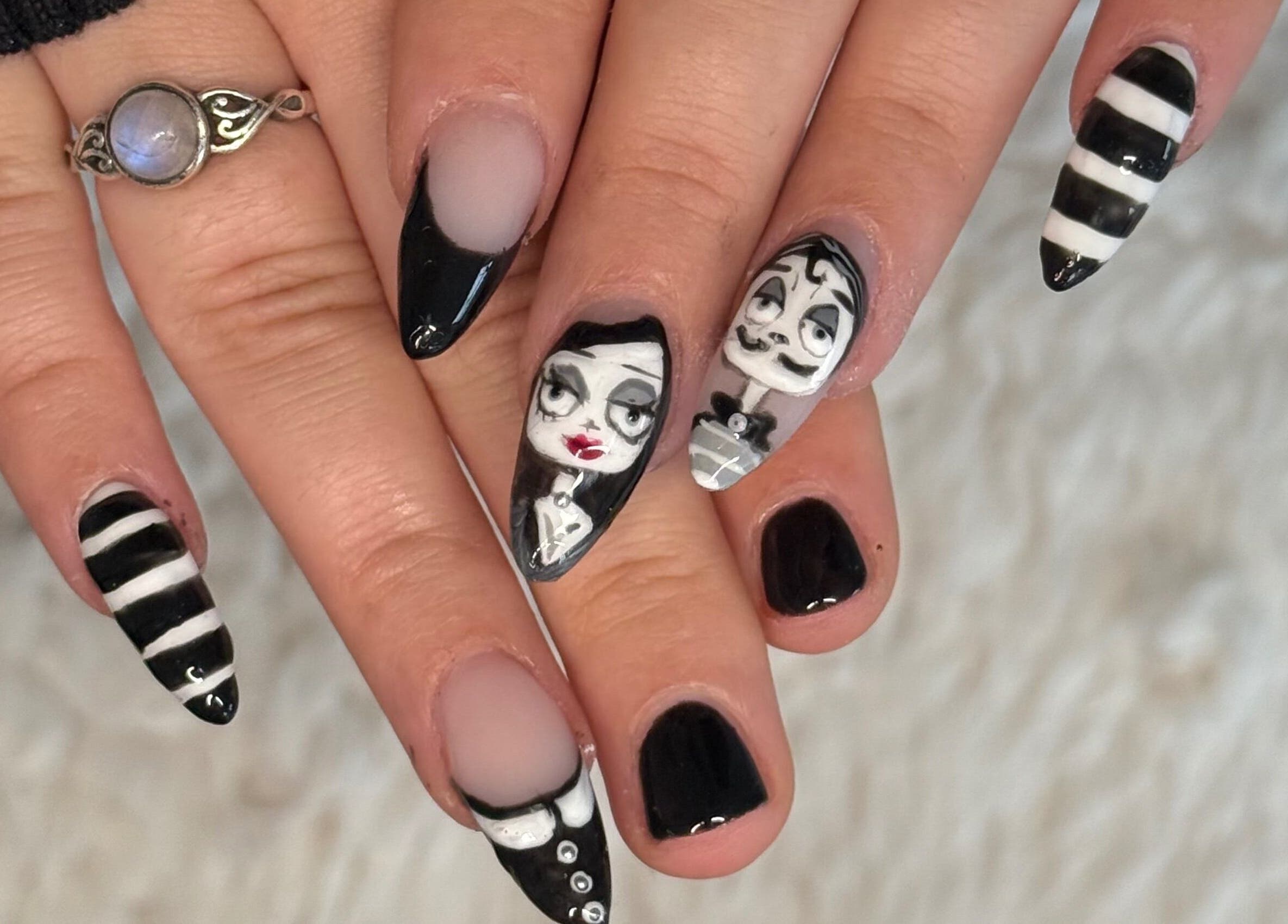 Unique nail art featuring black and white stripes at Beauty By Mimz, Ludgvan, England, GB.