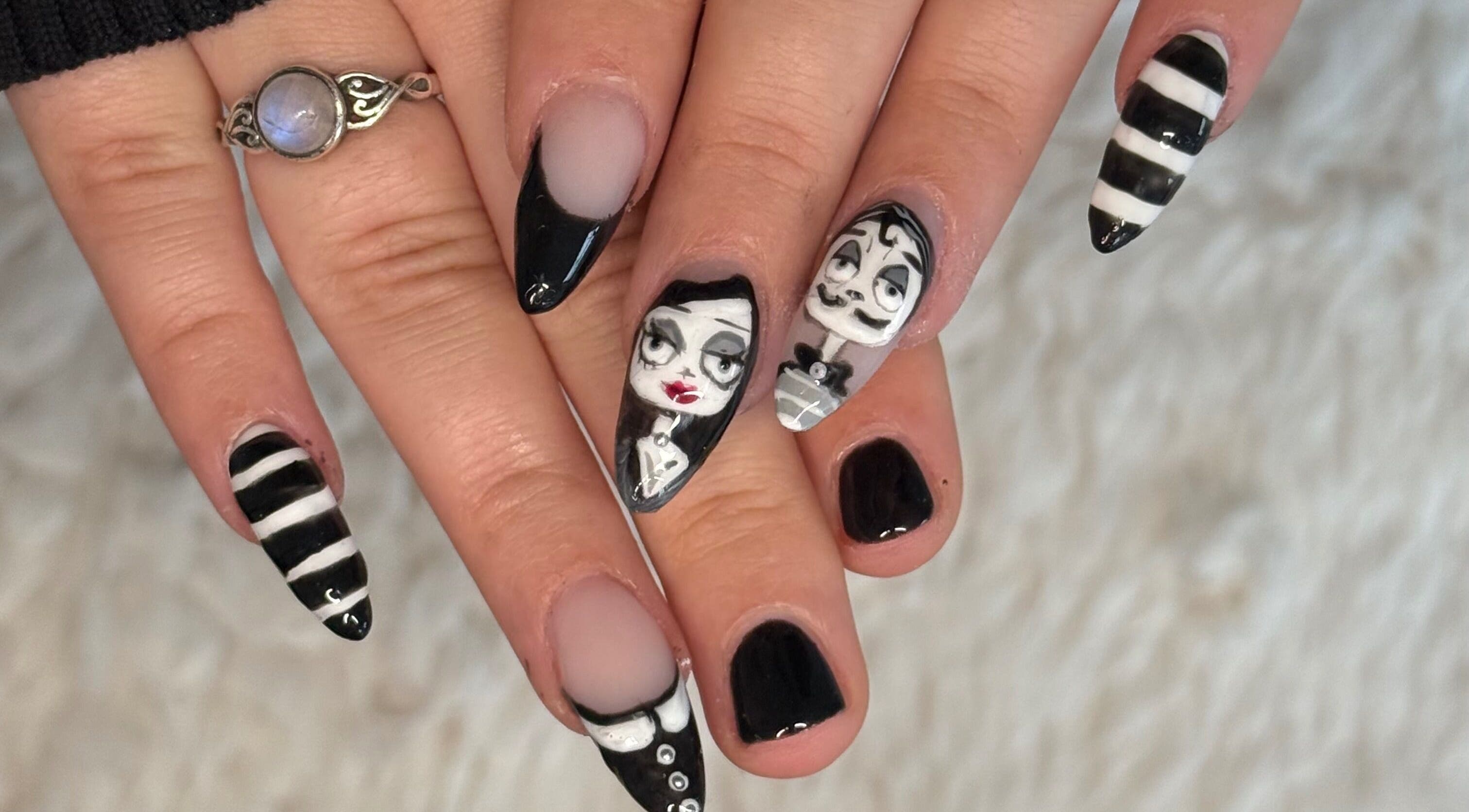Unique nail art featuring black and white stripes at Beauty By Mimz, Ludgvan, England, GB.