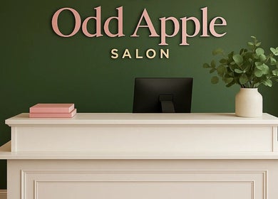 Front desk of Odd Apple Salon in Langley Moor, England, GB with green wall and vase.