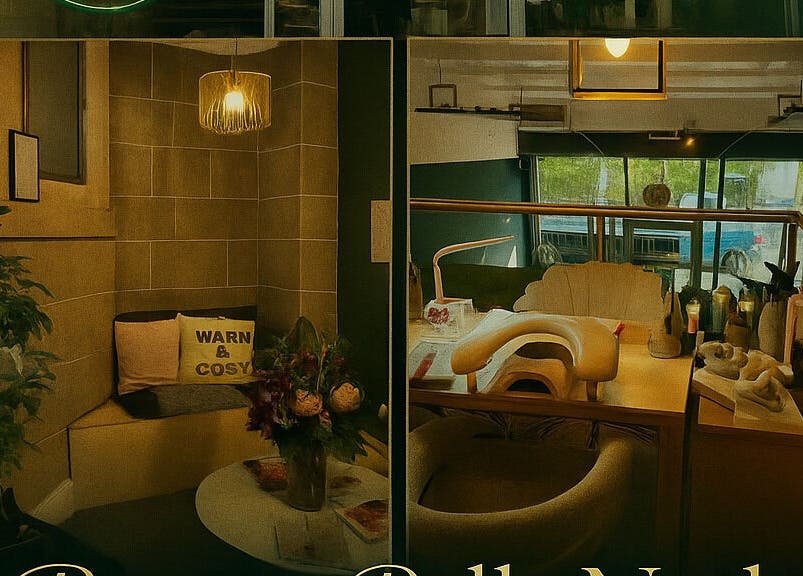 Cozy seating and manicure station at Bonnie Belle Nails, Glasgow, Scotland, GB, offering a relaxing ambiance.