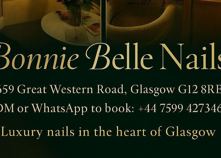 Bonnie Belle Nails sign at 659 Great Western Road, Glasgow, Scotland, GB; luxury nails venue.