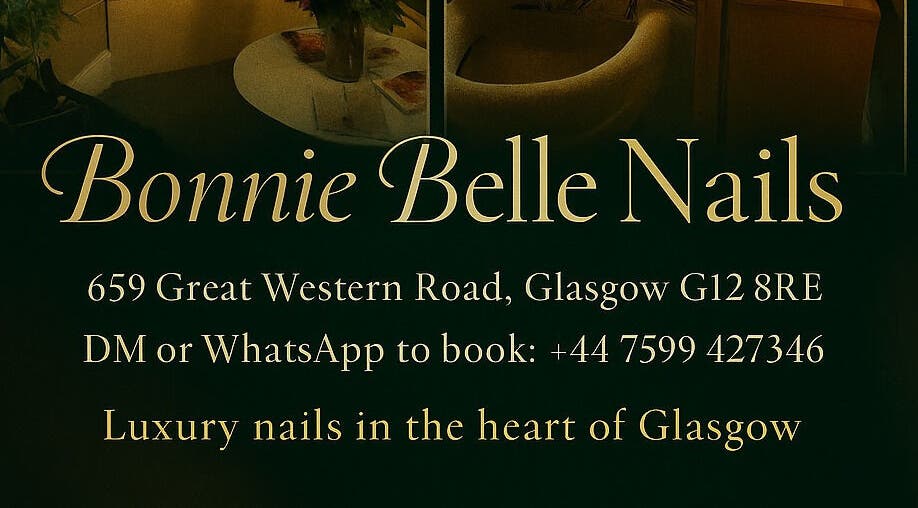 Bonnie Belle Nails sign at 659 Great Western Road, Glasgow, Scotland, GB; luxury nails venue.