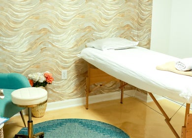 Relaxing massage room at SkinSation Endospheres Wellness & Massage, Mount Pleasant, South Carolina, US.