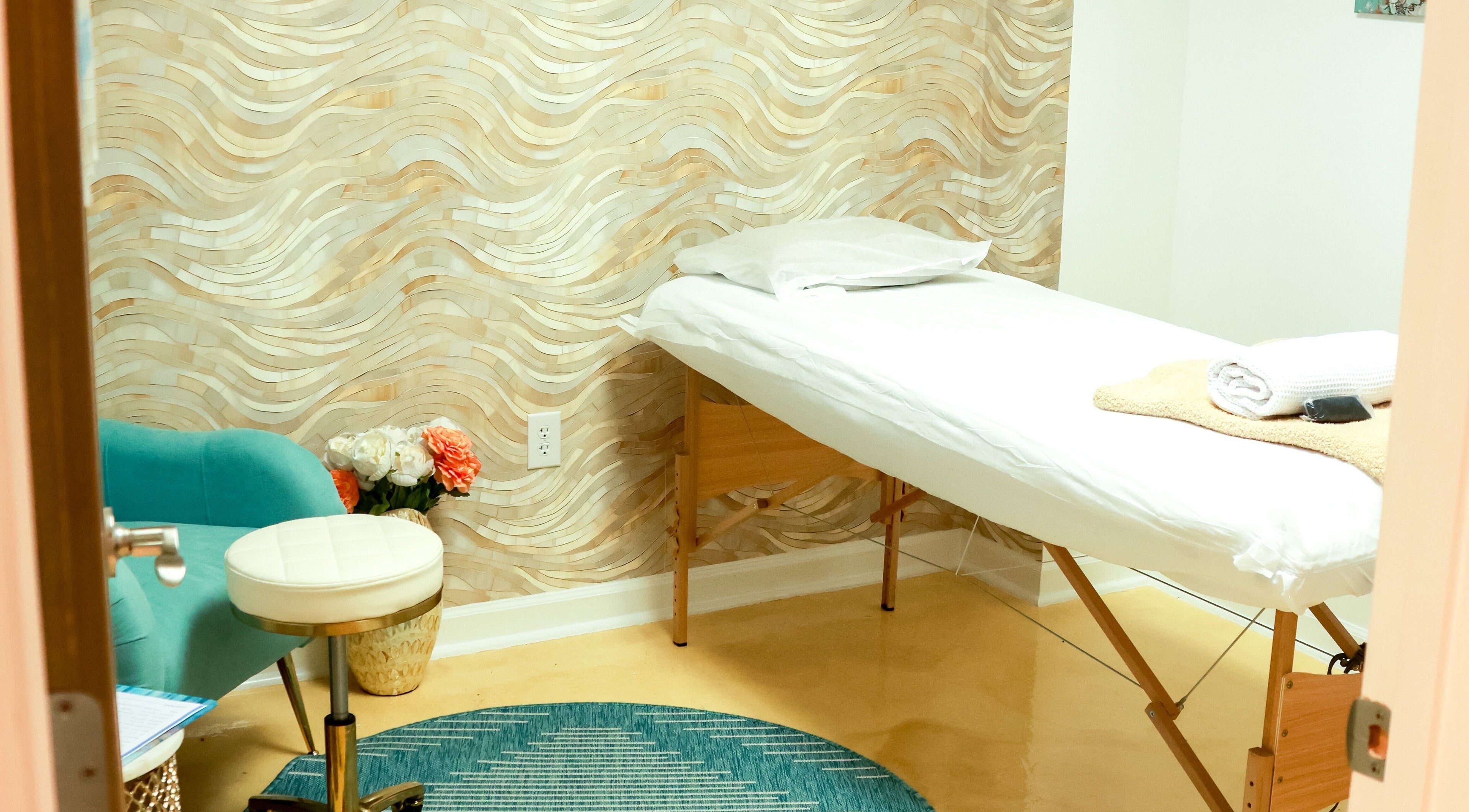 Relaxing massage room at SkinSation Endospheres Wellness & Massage, Mount Pleasant, South Carolina, US.