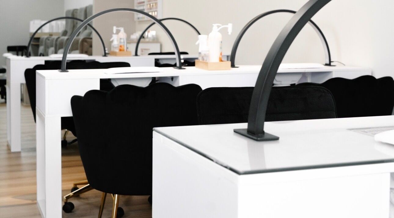 Modern nail stations at Mani Secrets Nails & Beauty Spa, Jacksonville, Florida, US.