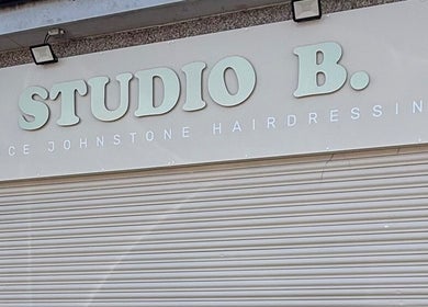 Front sign of Studio B – Bruce Johnstone Hairdressing in Dundee, Scotland, GB.