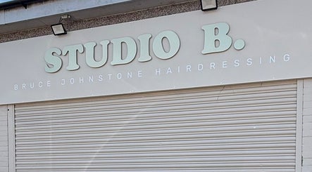 Front sign of Studio B – Bruce Johnstone Hairdressing in Dundee, Scotland, GB.