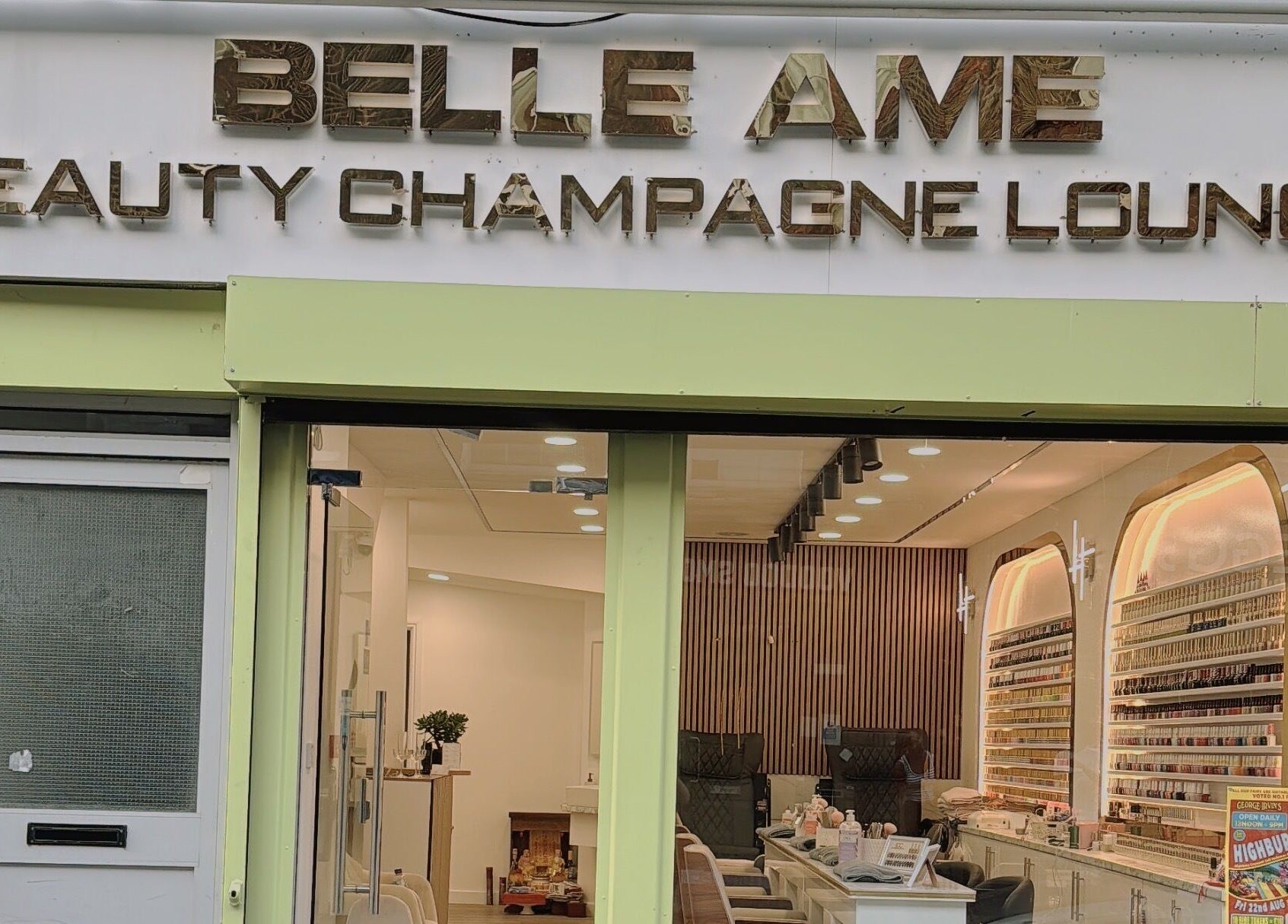 Exterior of Belle Ame Beauty Champagne Lounge in London, England, GB showcasing elegant and inviting design.