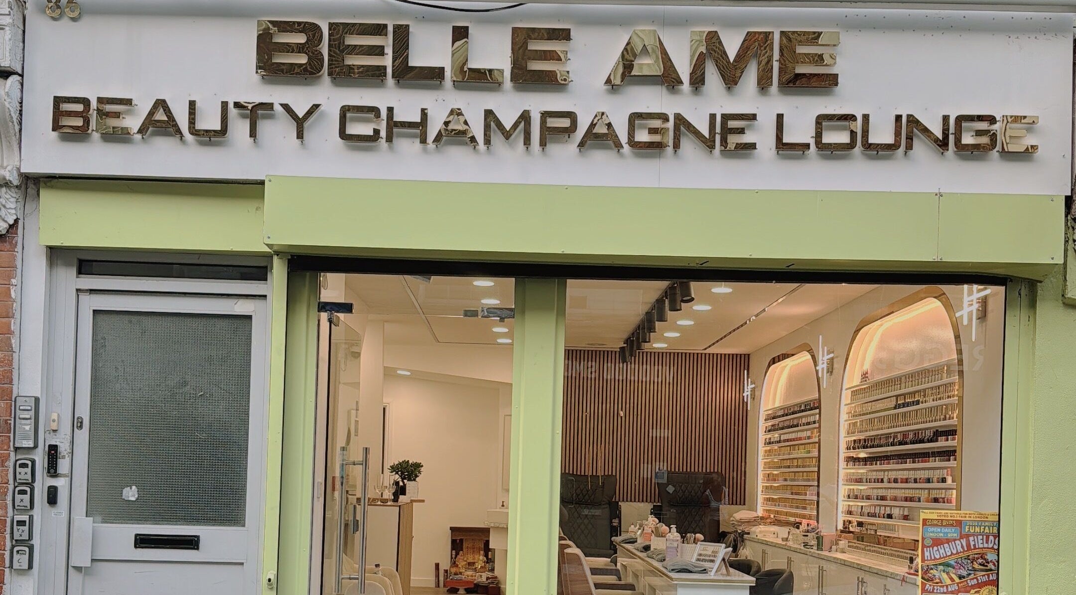 Exterior of Belle Ame Beauty Champagne Lounge in London, England, GB showcasing elegant and inviting design.