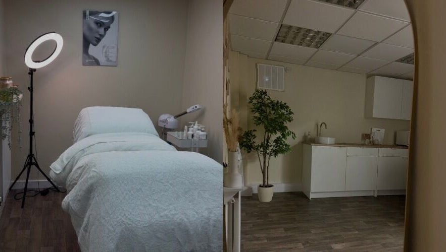 Calm treatment room at SkinCure, Featherstone, England, GB, featuring a cozy bed and ambient lighting.