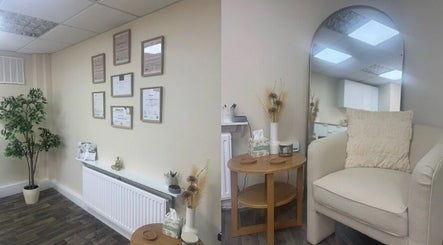 Cozy wellness space at SkinCure in Featherstone, England, GB featuring elegant decor and relaxing seating.