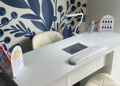 Modern nail station at Nails by LB, Clay Cross, England, GB showcasing a stylish and inviting aesthetic.