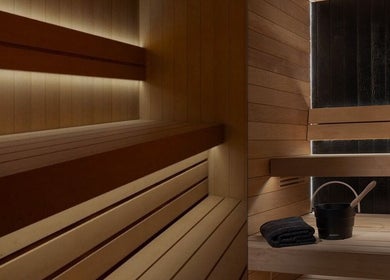 Elegant sauna at Recovery Hive, Coolum Beach, Queensland, AU, offering a tranquil wellness experience.