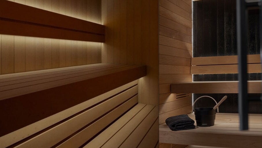 Elegant wooden sauna at Recovery Hive, Coolum Beach, Queensland, AU. Ideal for relaxation and wellness therapy.