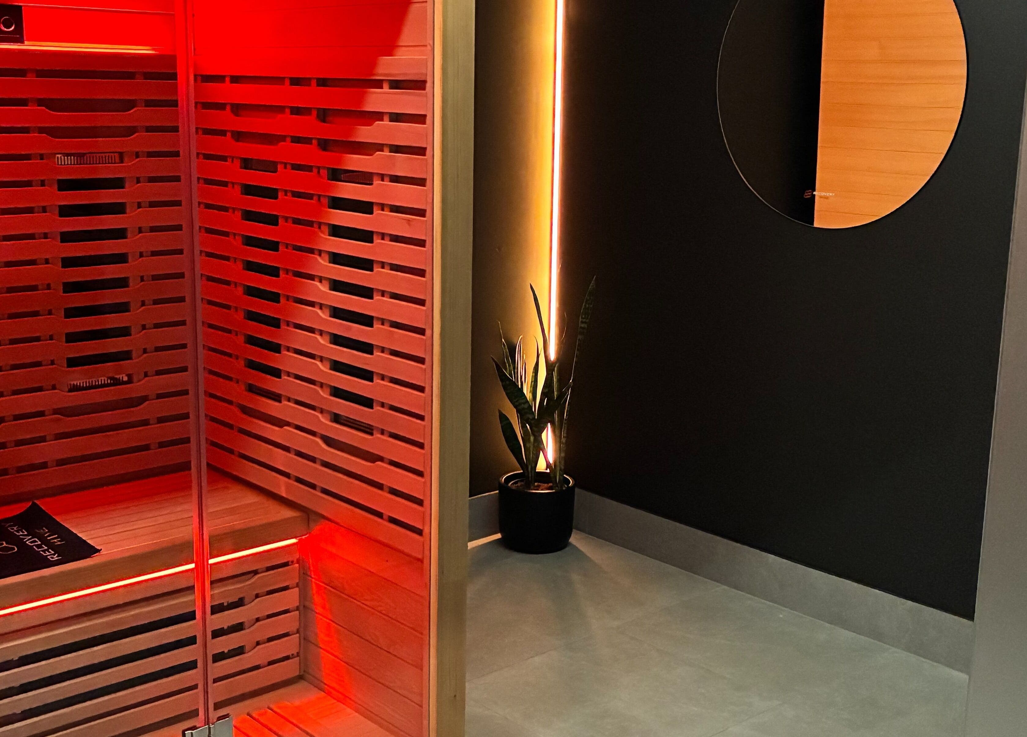 Infrared sauna at Recovery Hive, Coolum Beach, Queensland, AU. Modern relaxation space.