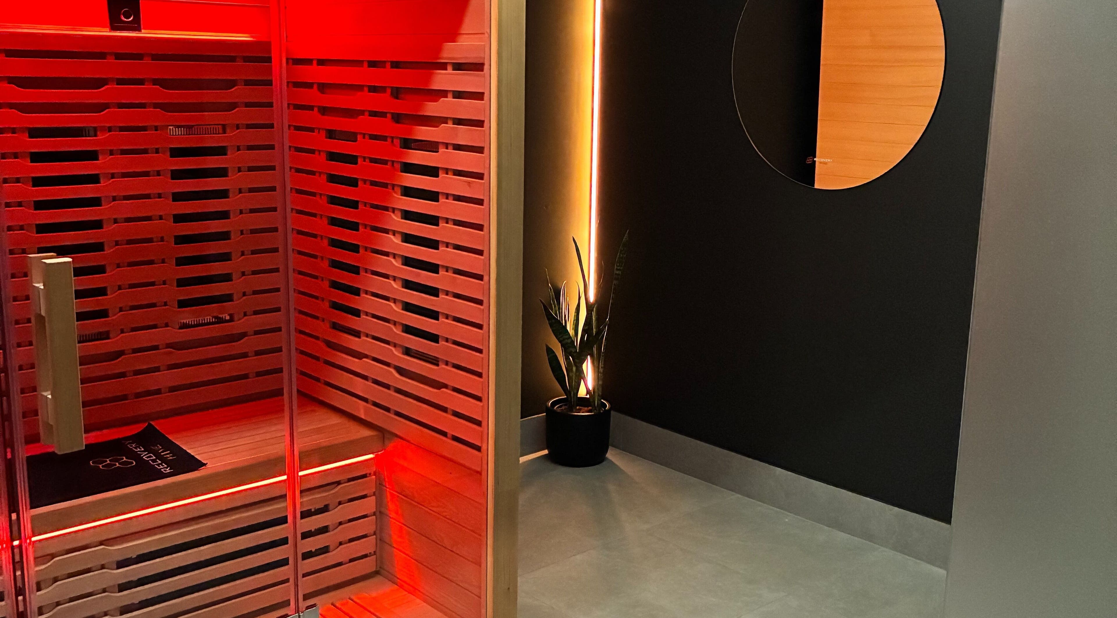 Infrared sauna at Recovery Hive, Coolum Beach, Queensland, AU. Modern relaxation space.
