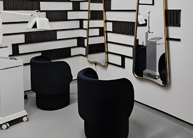 Modern therapy station at The Makeover Clinic, Birmingham, England, GB. Stylish chairs and elegant mirrors.