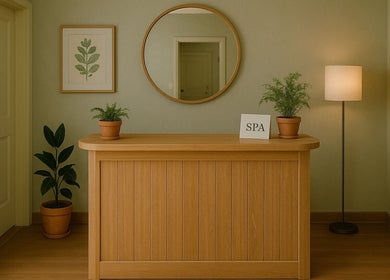 Elegant spa reception at Mei Mei London, Ilford, England, GB featuring wood décor and calming plants.