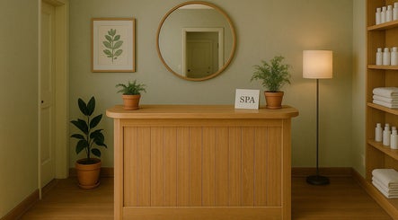 Elegant spa reception at Mei Mei London, Ilford, England, GB featuring wood décor and calming plants.