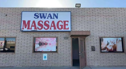 Entrance of Swan Massage with signage, located at 1480 in Yuma, Arizona, US.