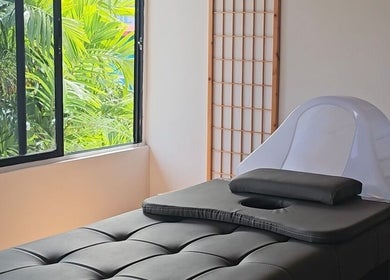 Sala de terapia en Heiwa, Panamá, Provincia De Panamá, PA con cama de masaje y vista a la naturaleza.
