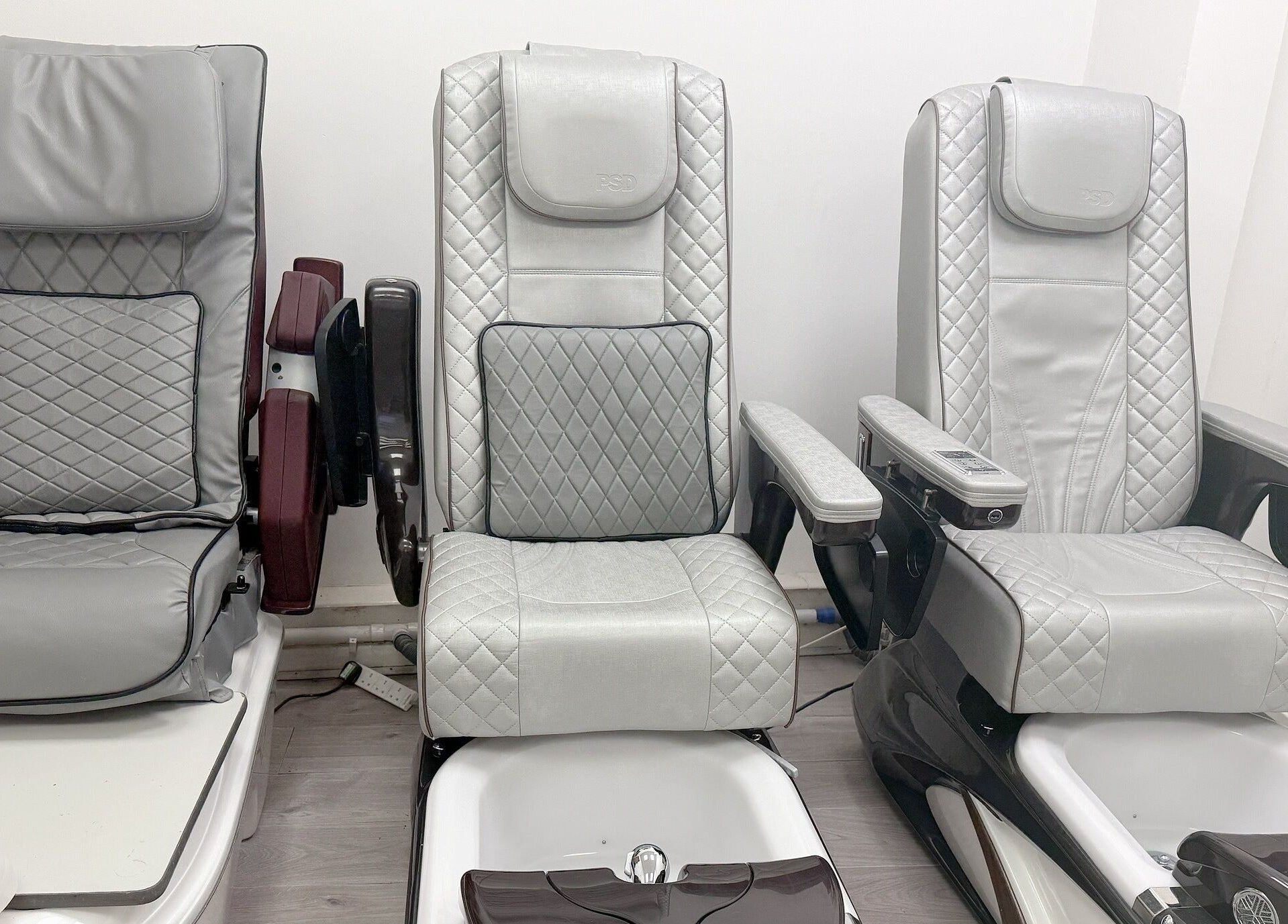 Luxury pedicure chairs at Wendy’s Nails, offering premium comfort in Kettering, England, GB.