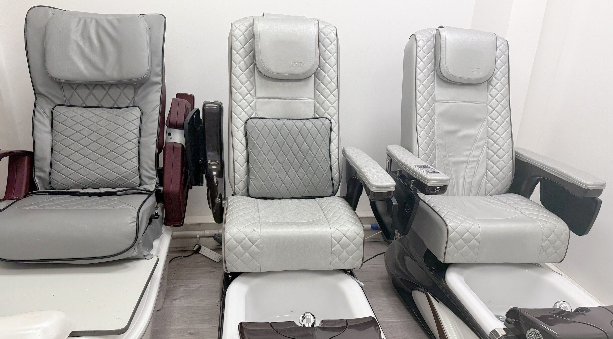 Luxury pedicure chairs at Wendy’s Nails, offering premium comfort in Kettering, England, GB.