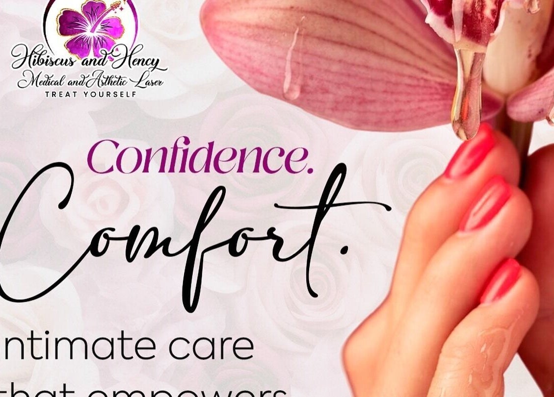 Hand holding orchid flower with text 'Confidence, Comfort' at Hibiscus and Honey Medical and Aesthetic, West Hartford, Connecticut, US.