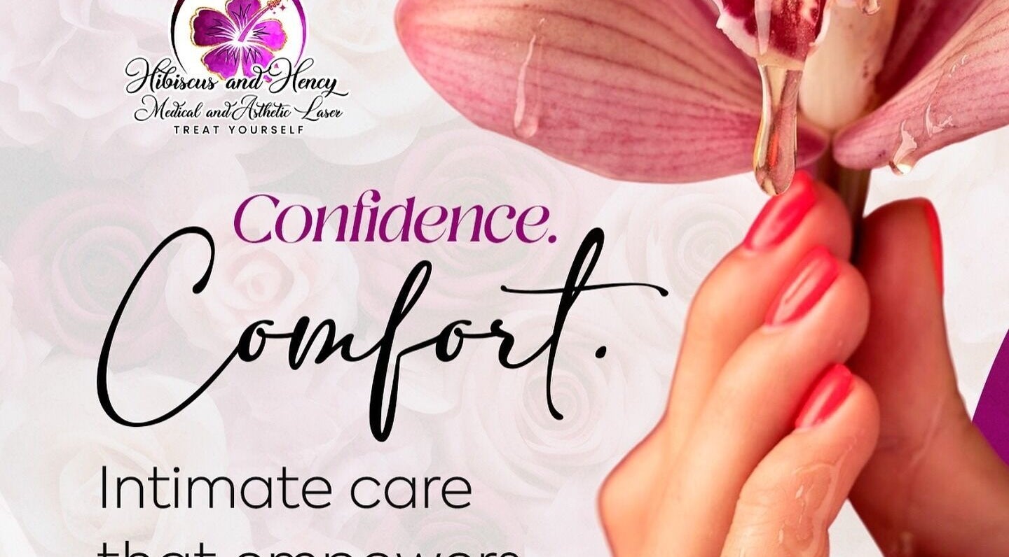 Hand holding orchid flower with text 'Confidence, Comfort' at Hibiscus and Honey Medical and Aesthetic, West Hartford, Connecticut, US.