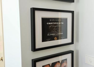 Framed certificate at Courtney's Classics, Melbourne, Victoria, AU showcasing accomplishments in lash artistry.