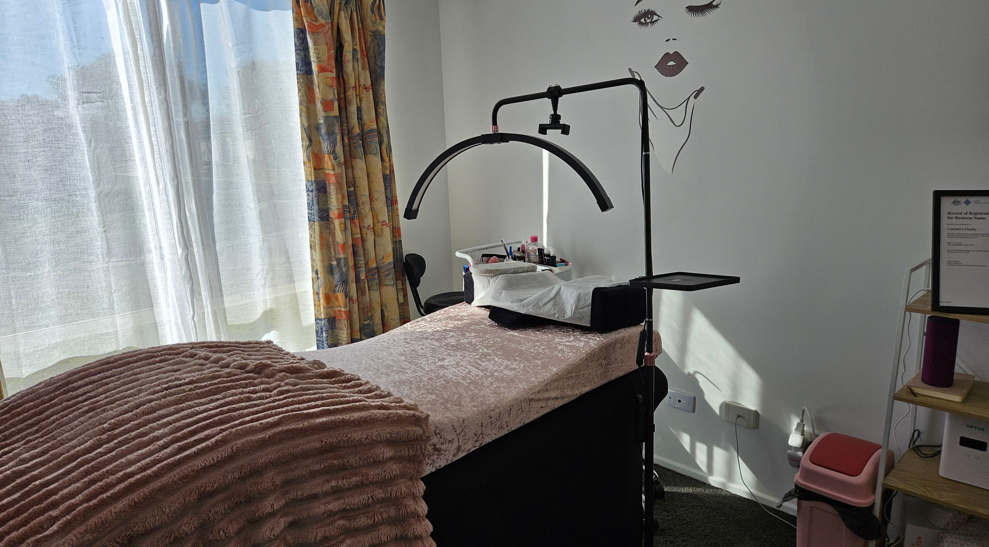 Cozy lash treatment room at Courtney's Dreamy Lashes in Melbourne, Victoria, AU with plush bedding and decor.
