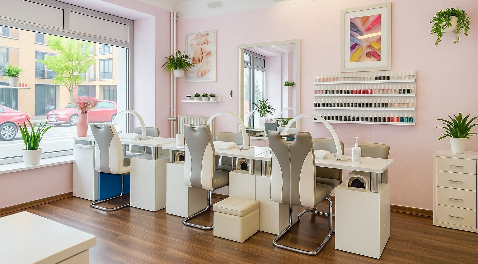 Moderner Nagelstudio-Bereich bei BeautyZones, Zürich, Zürich, CH mit stilvollen Maniküreplätzen.