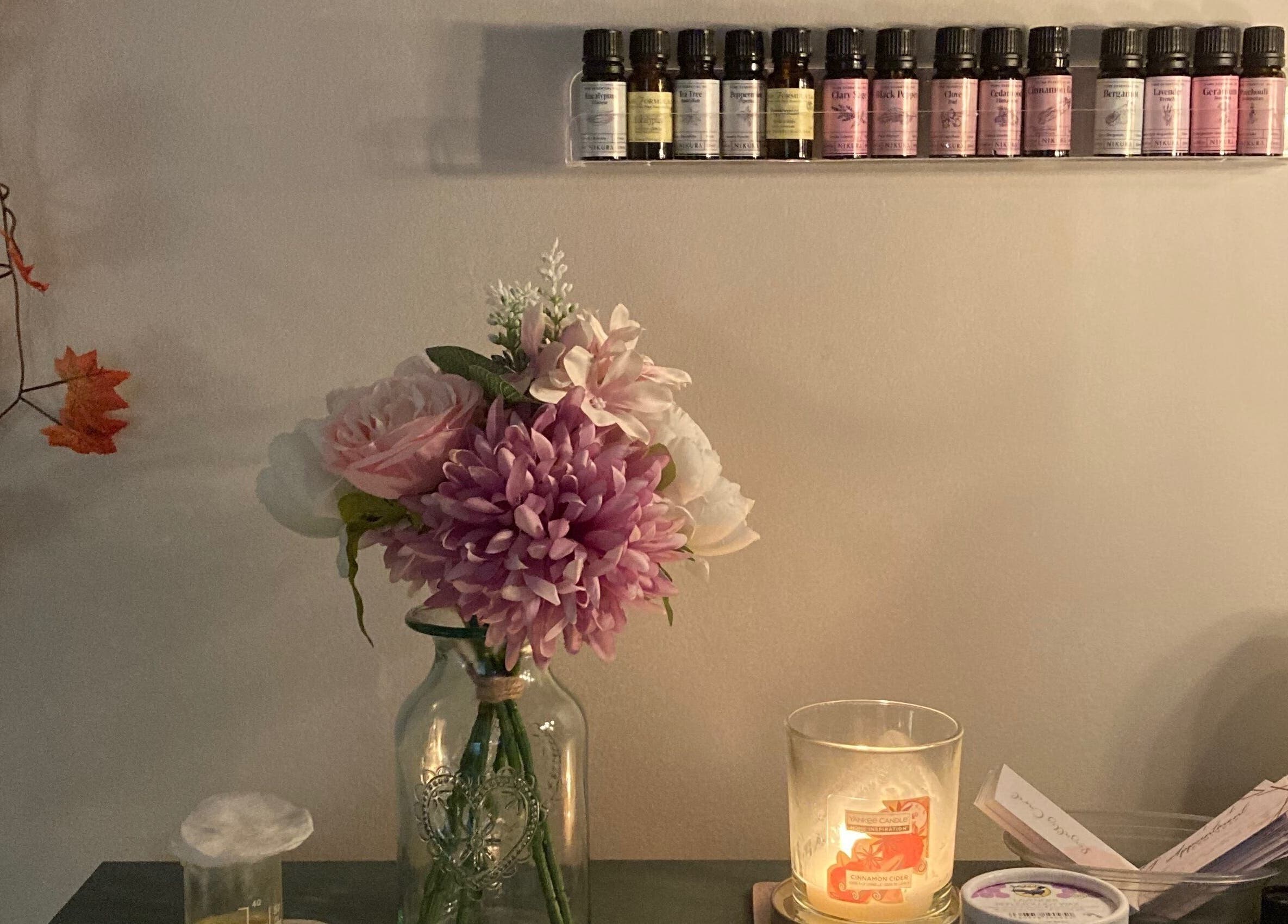 Aromatherapy oils and flowers at Bliss & Beauty by Nikki at Serenity, Leek, England, GB.