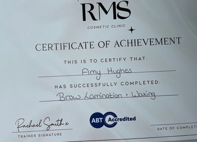 Certificate from RMS shows achievement in brow lamination at LD Beauty in Huyton, England, GB.