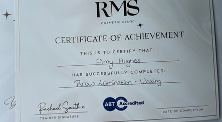 Certificate from RMS shows achievement in brow lamination at LD Beauty in Huyton, England, GB.