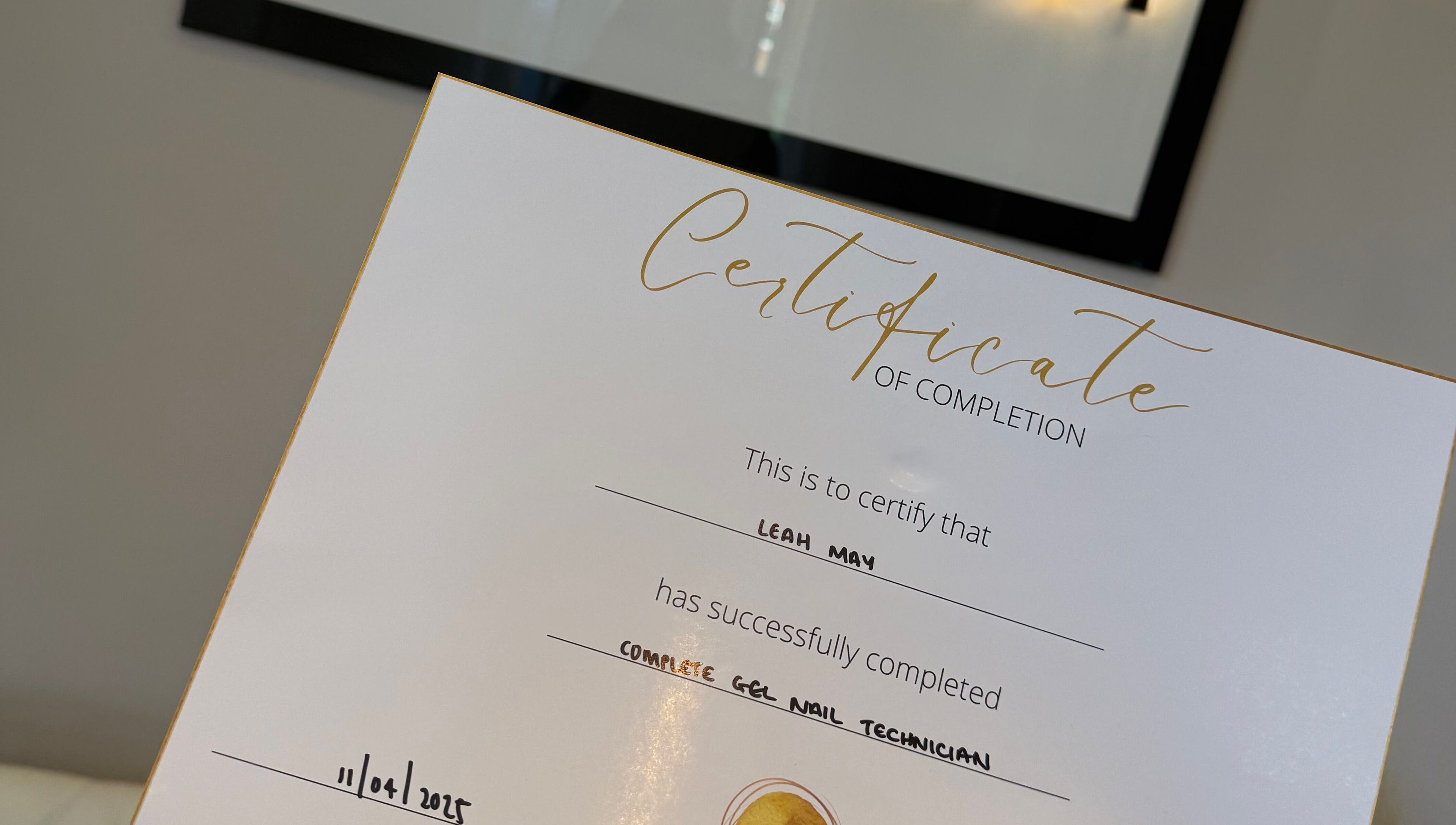 Nail technician certificate at Nails by Leah Rose, Dinnington, England, GB.