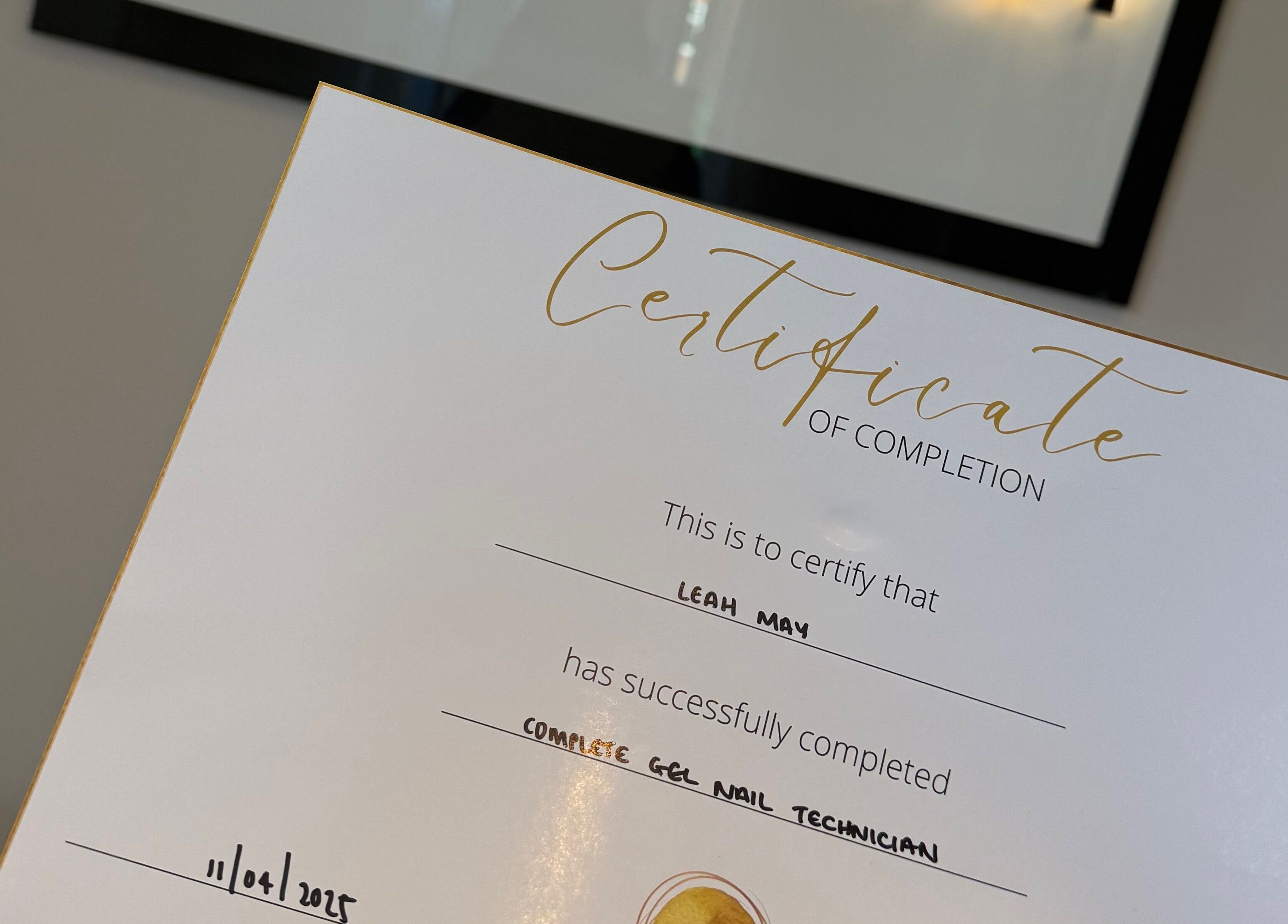 Nail technician certificate at Nails by Leah Rose, Dinnington, England, GB.