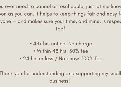 Cancellation policy at Nails by Leah Rose, Dinnington, England outlining fees based on notice period.
