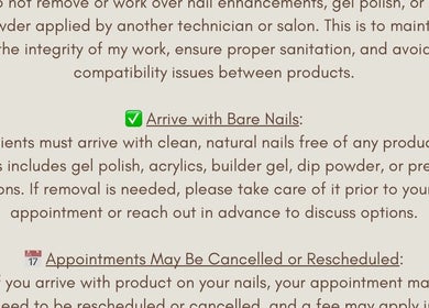 Nail care instructions at Nails by Leah Rose, Dinnington, England, GB, emphasizing bare nails for appointments.