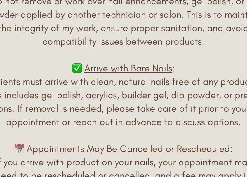 Nail care instructions at Nails by Leah Rose, Dinnington, England, GB, emphasizing bare nails for appointments.