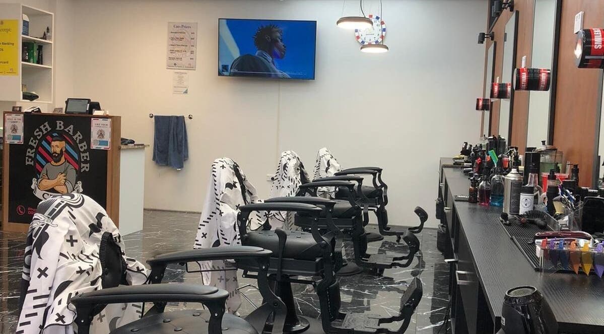 Modern interior of Fresh barber cuts in Christchurch, Canterbury Region, NZ with stylish barber chairs.